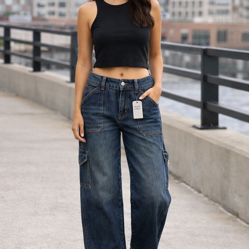 Motel Denim Carpenter Dark Blue Wide Leg Jeans NWT